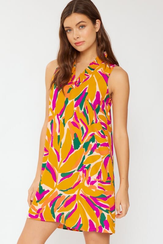 Print V Neck Ruffle Neck Dress FSL Apparel
