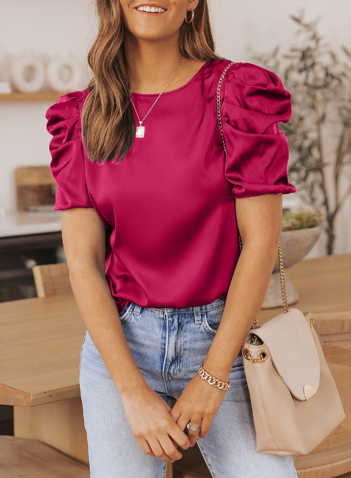 Puff Short Sleeve Satin Blouse Kentce