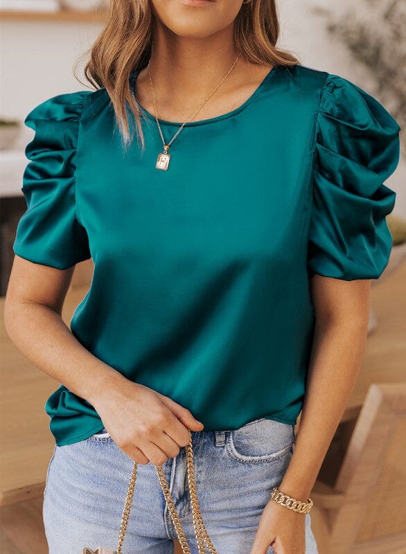 Puff Short Sleeve Satin Blouse Kentce