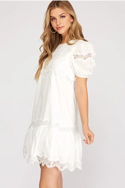 PUFF SLEEVE LACE INSERT DRESS she + sky
