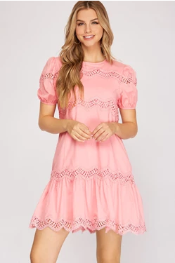 PUFF SLEEVE LACE INSERT DRESS she + sky