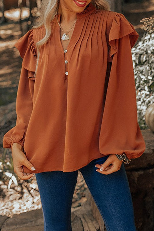 Pumpkin Spice Pintuck Flutter Sleeve Top Kentce