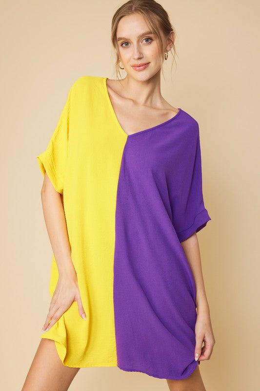 Purple and Gold Colorblock Dress FSL Apparel