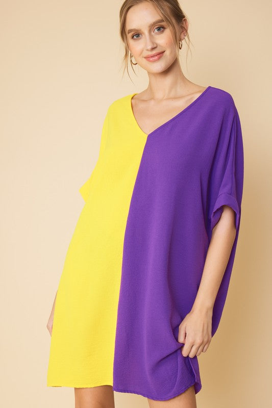 Purple and Gold Colorblock Dress FSL Apparel