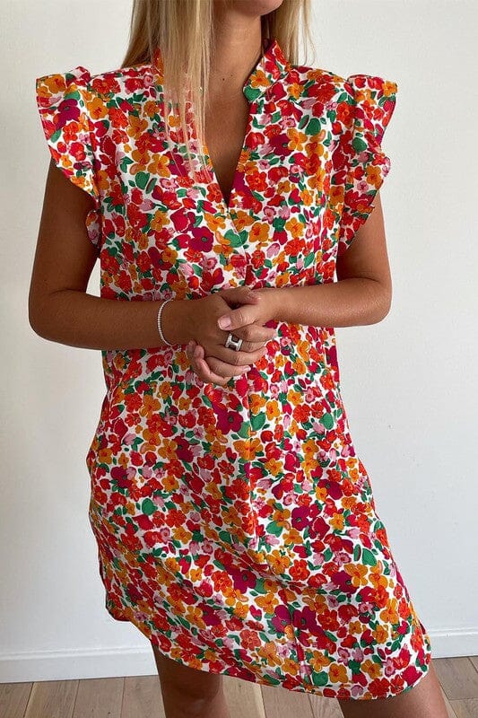 Red Floral Ruffle Sleeve Dress Shewin