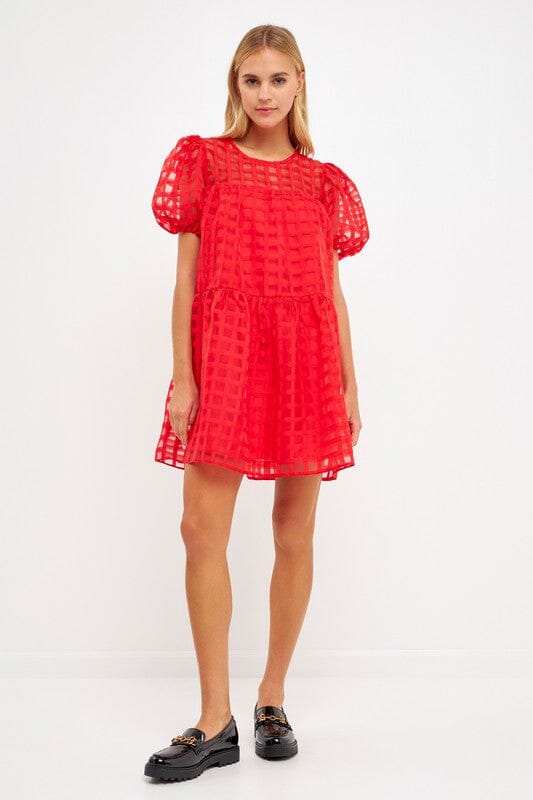 Red Gridded Puff Sleeve Dress English Factory