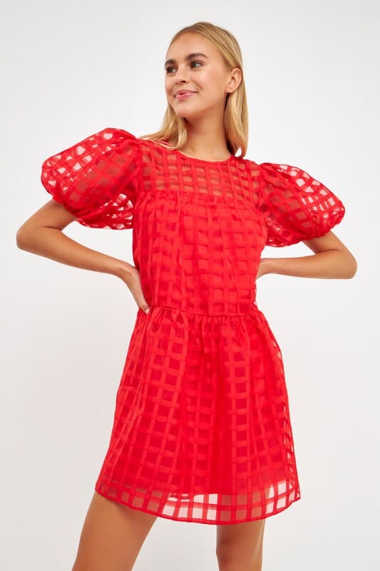 Red Gridded Puff Sleeve Dress English Factory