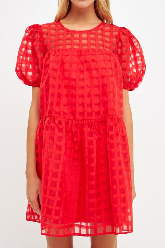 Red Gridded Puff Sleeve Dress English Factory