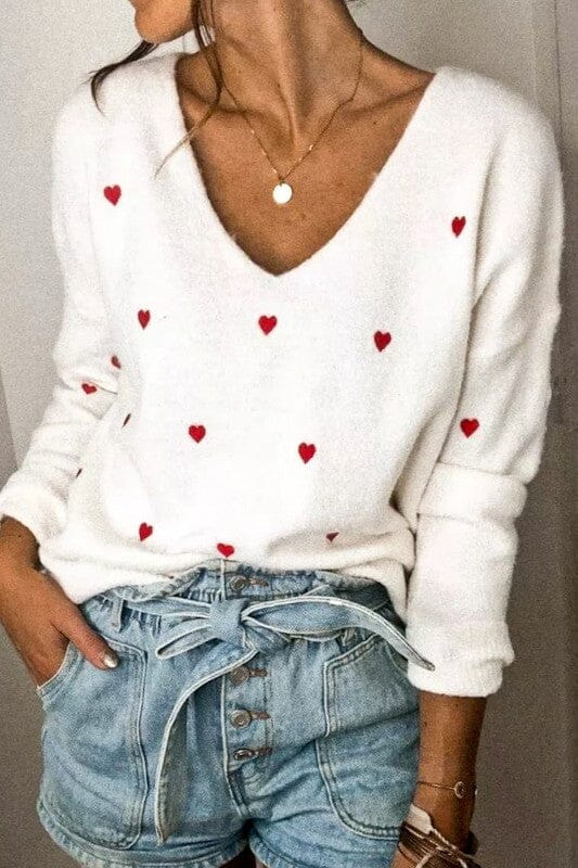 Red Heart Embroidered White Sweater mazik