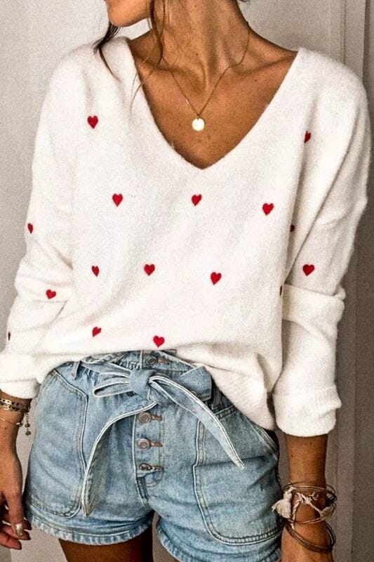 Red Heart Embroidered White Sweater mazik