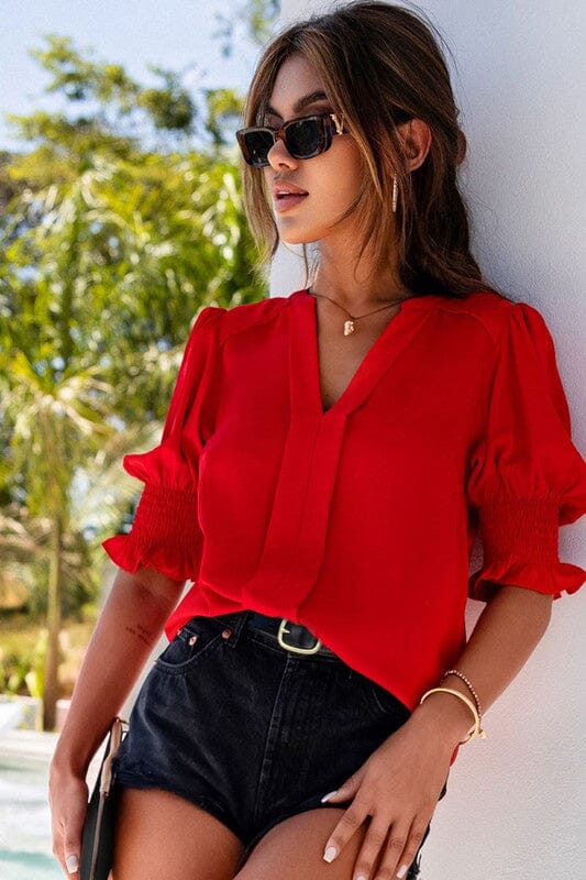 Red Smocked Sleeve Puff Sleeve V-Neck Shiying