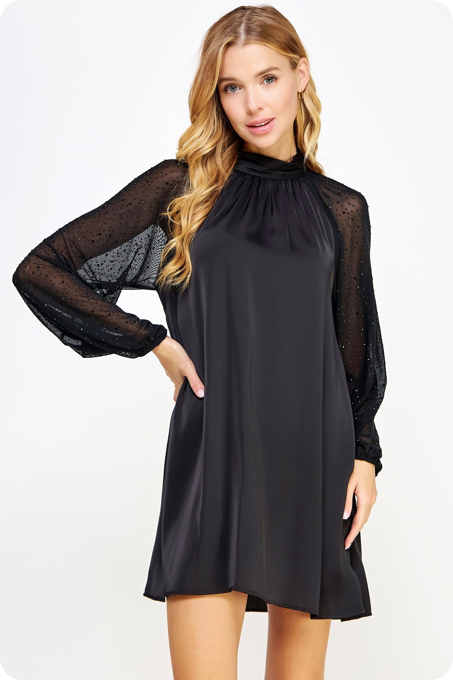 Rhinestone Illusion Sleeve Satin Mini Dress Strut and Bolt