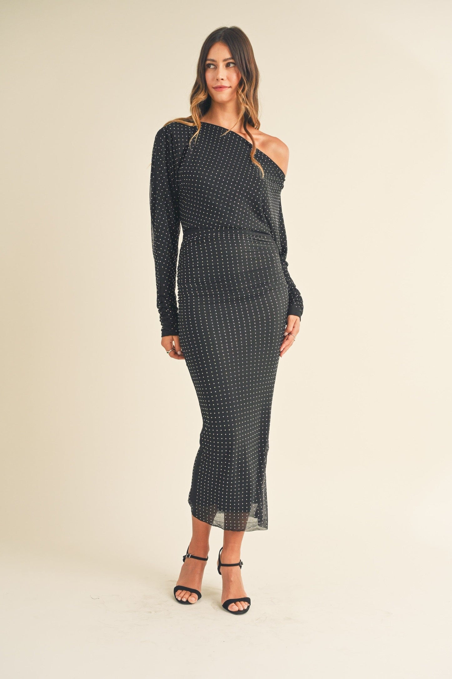 RHINESTONE MESH ONE SHOULDER RUCHED MIDI DRESS Mable