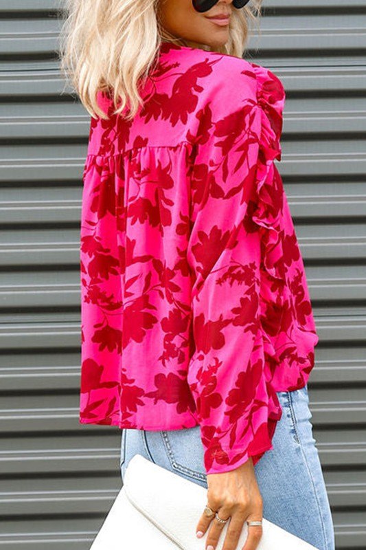 Rose Ruffled Floral Print Blouse Kentce