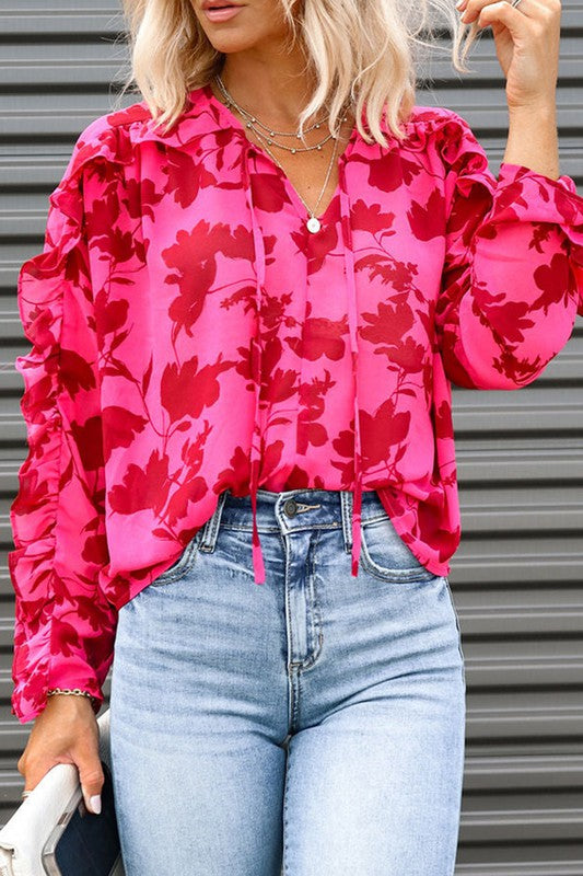 Rose Ruffled Floral Print Blouse Kentce