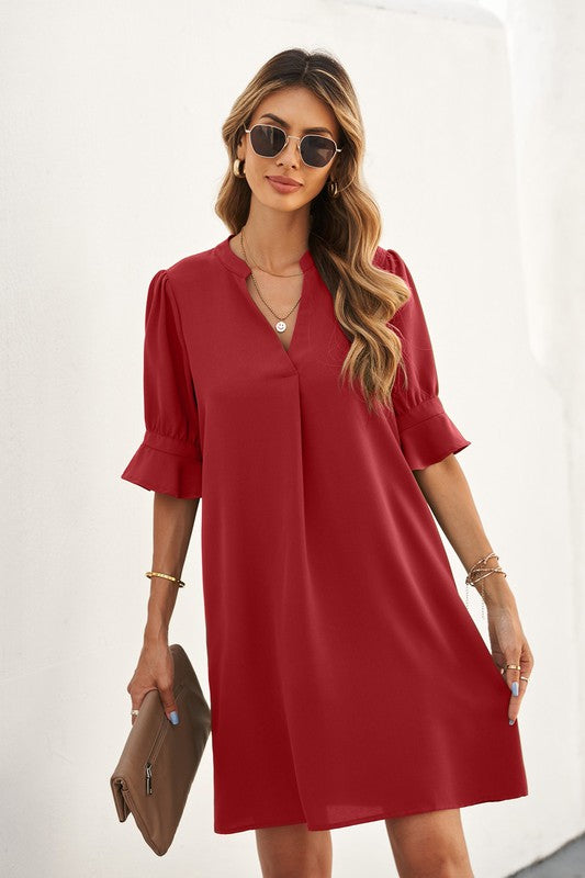 Round II Ruffle Sleeve Solid Shift Dress Kentce