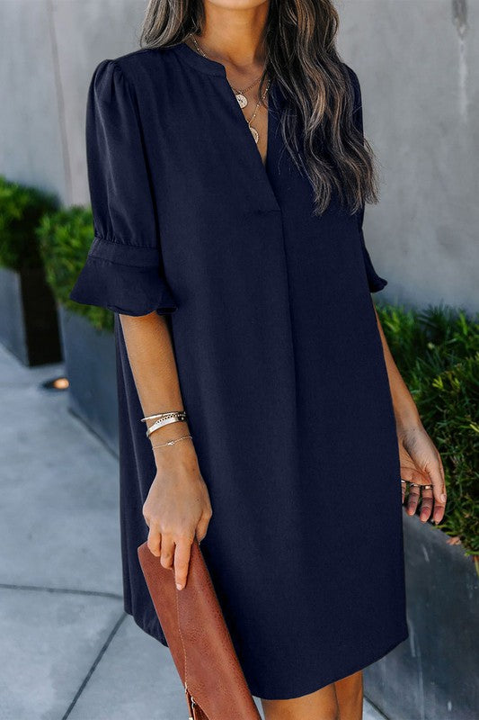 Round II Ruffle Sleeve Solid Shift Dress Kentce