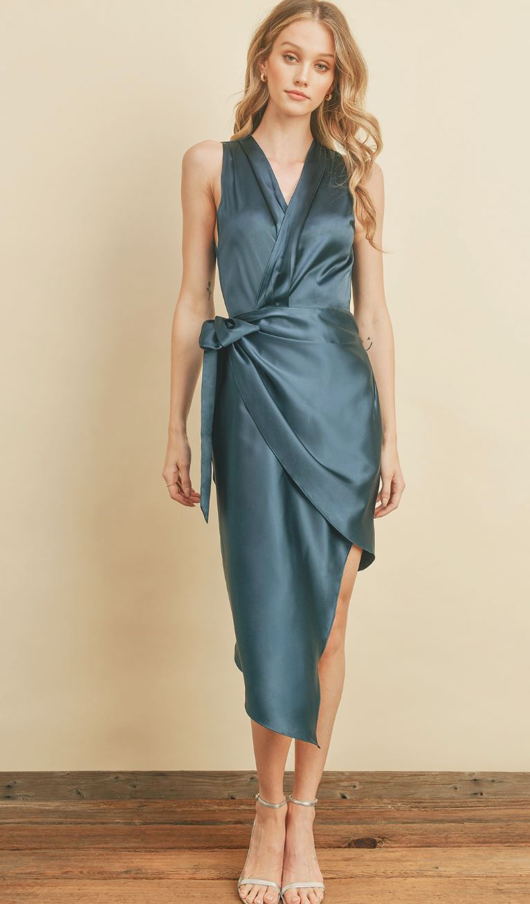 Satin Asymmetrical Hem Midi Wrap Dress Dress Forum