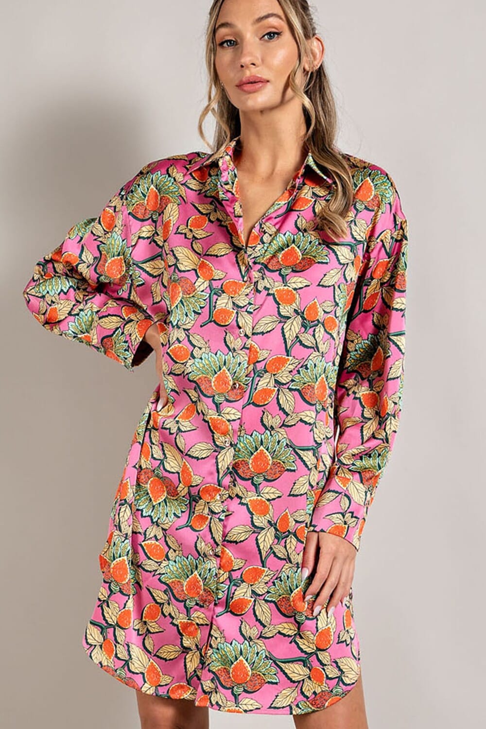 Satin Floral Button Down Dress Eesome