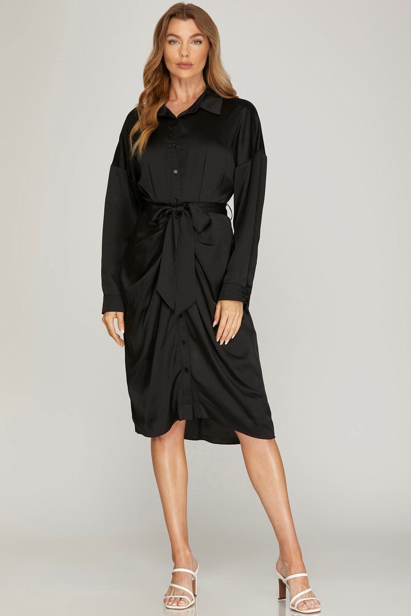 Satin Wrap Front Shirt Dress she + sky