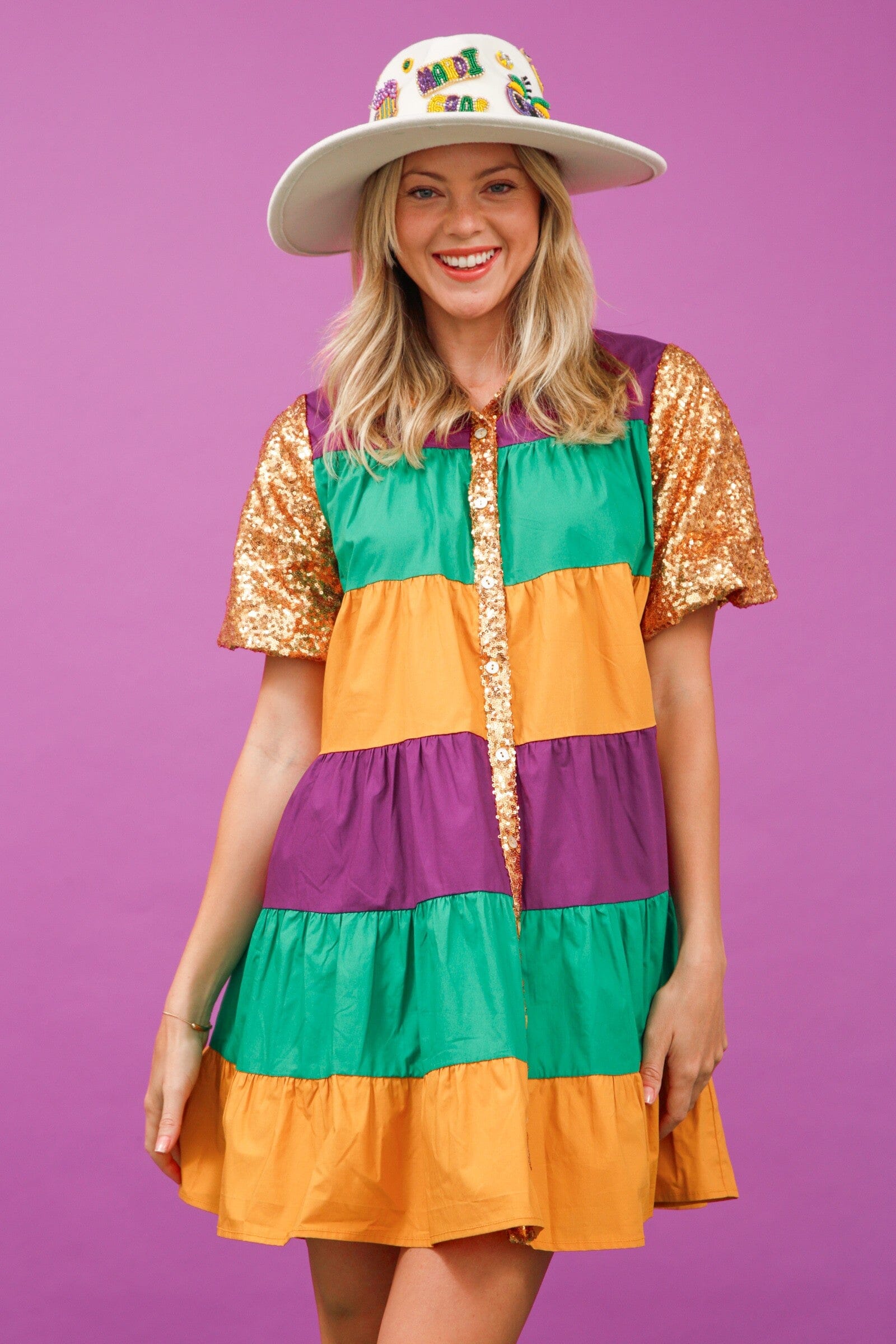 Sequin Color Block Mardi Gras Tiered Dress SNAP-Something New And Pretty Sequin Color Block Mardi Gras Tiered Dress SNAP-Something New And Pretty