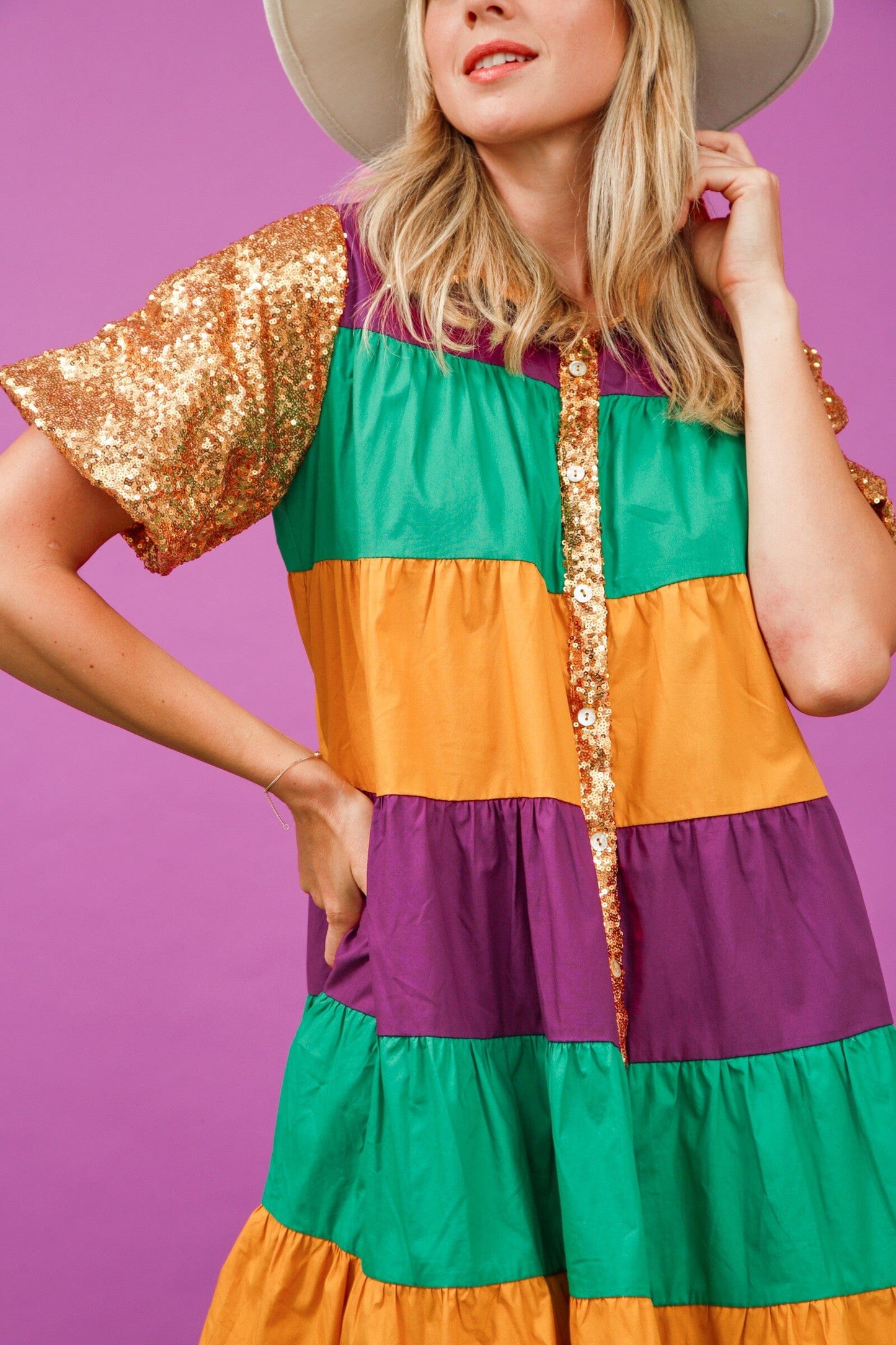Sequin Color Block Mardi Gras Tiered Dress fantastic fawn