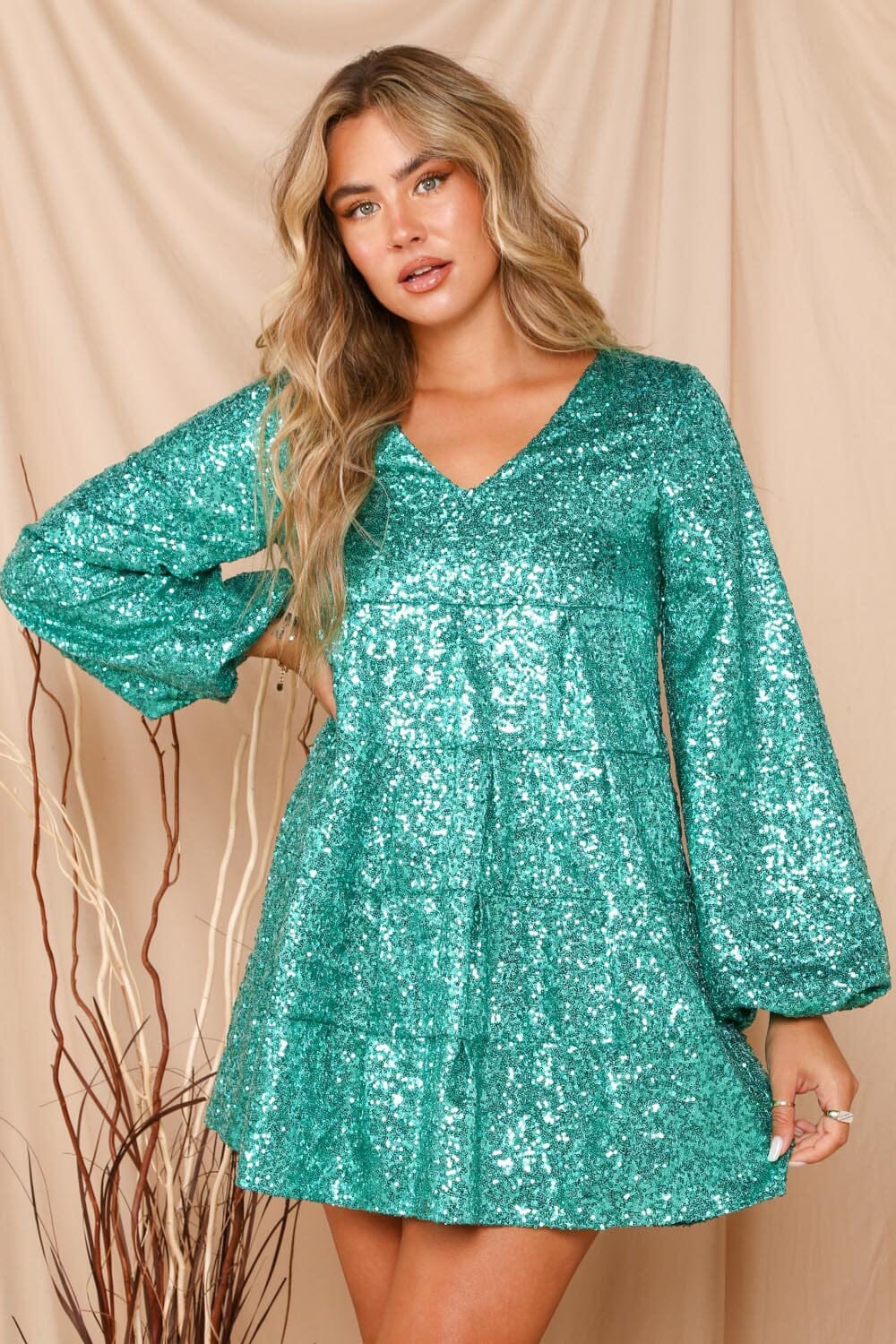 Sequin Tiered Dress peach love california