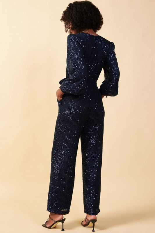 Sequin V Neck Jumpsuit With Waist Tie skies are blue