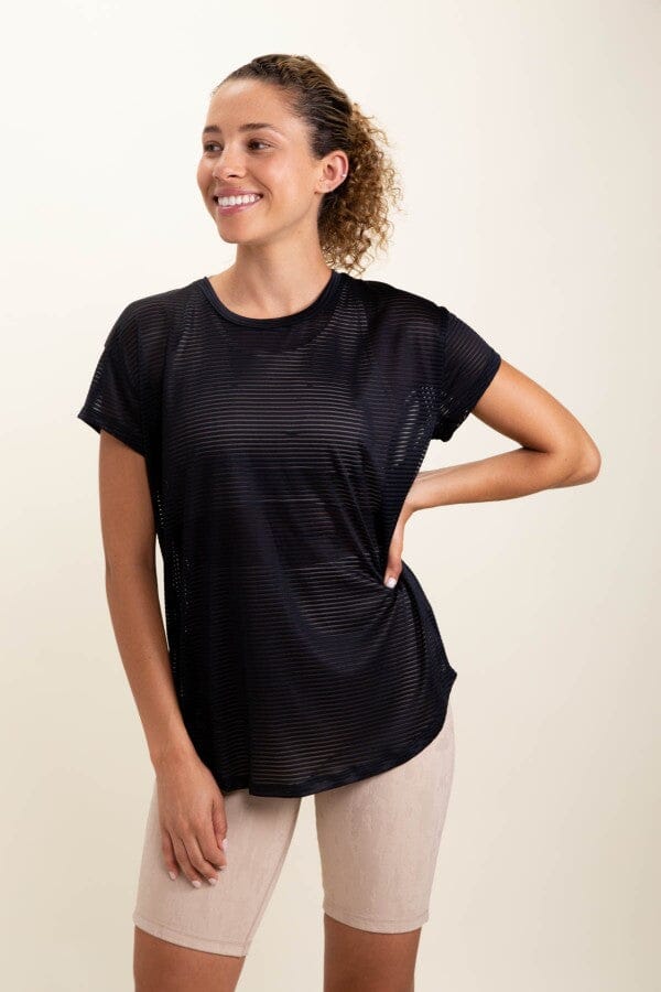 Sheer Striped Mesh Paneled Back Tee Mono B