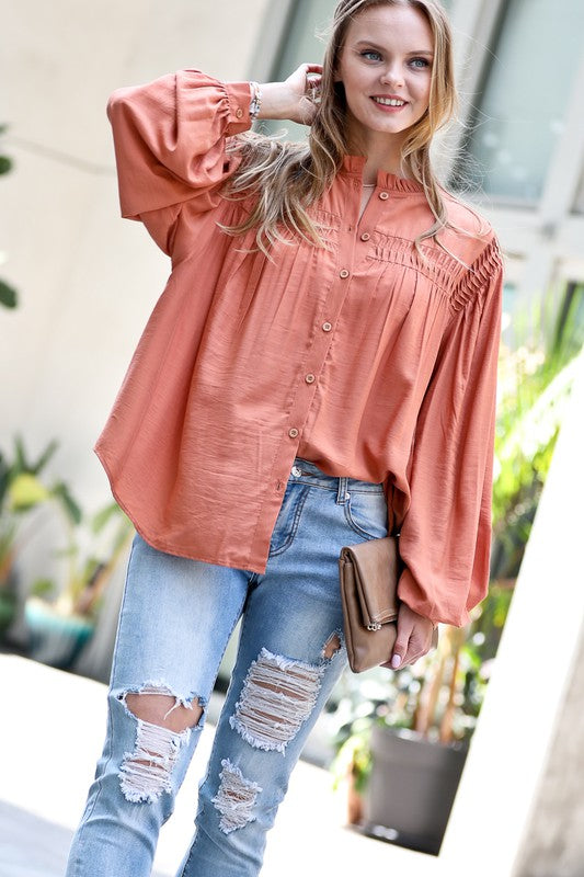 Shirred Front Button Up mazik