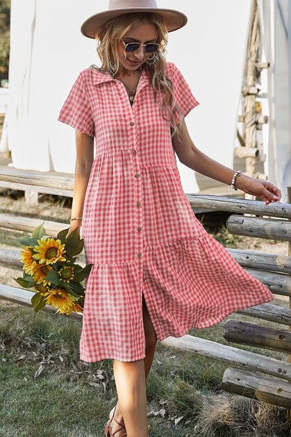 Short Sleeve Plaid Button Midi Dress supreme fashion