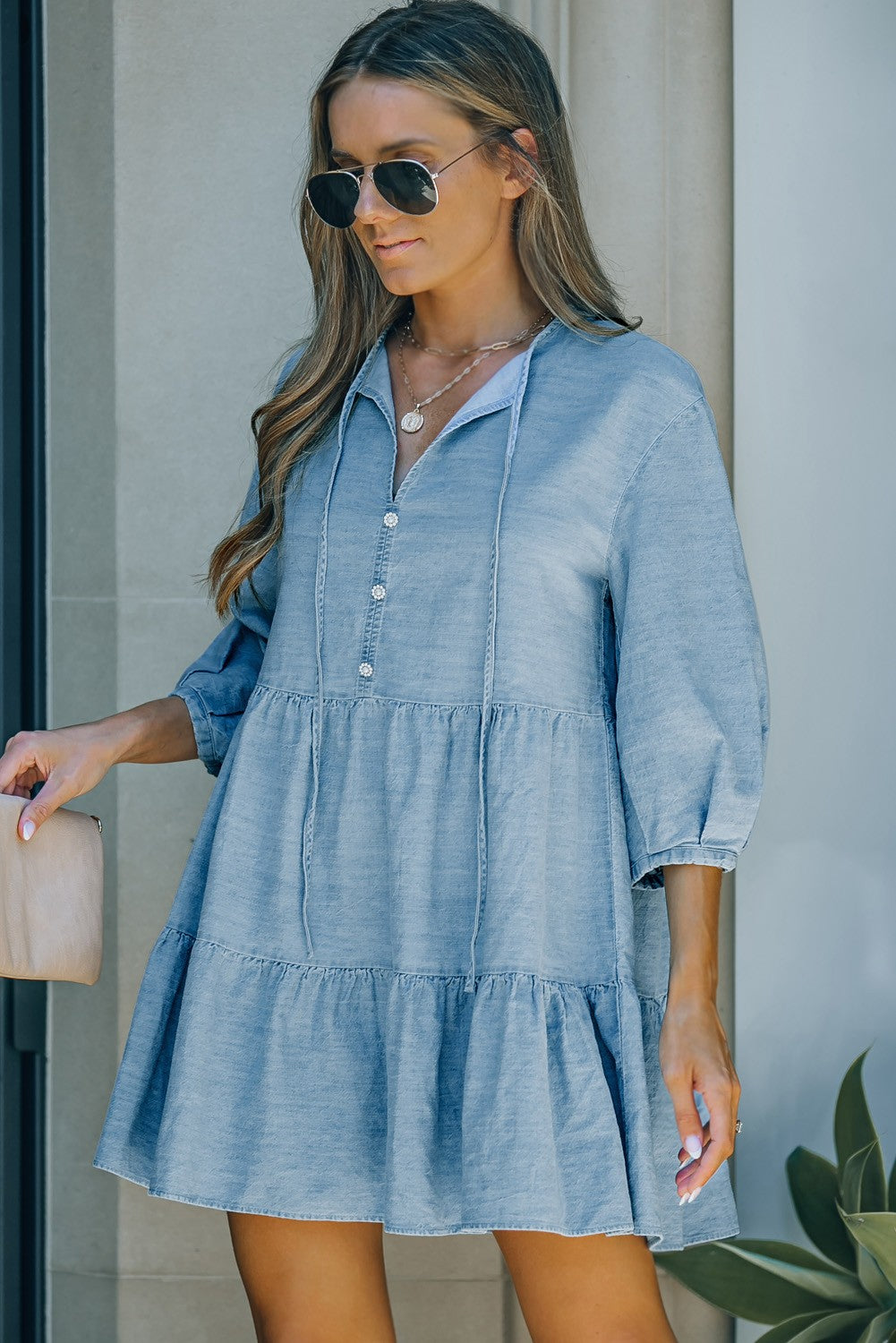 Sky Blue Split Neck Tiered Denim Dress Shewin
