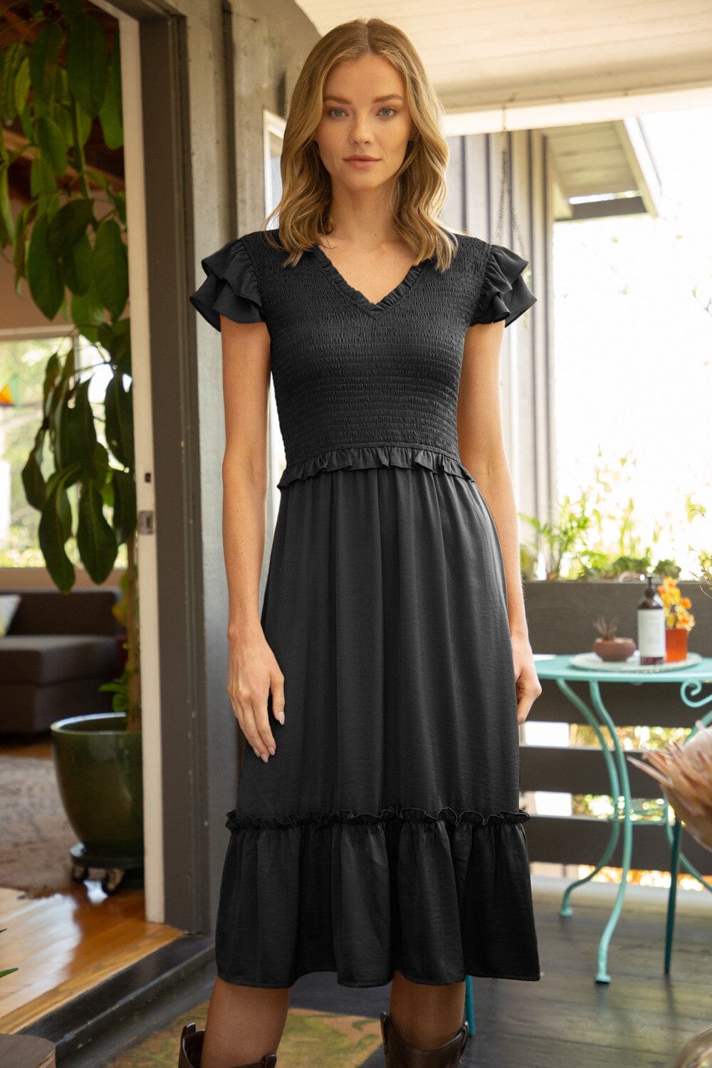 Smocked Top Ruffle Sleeve Midi Dress Voy
