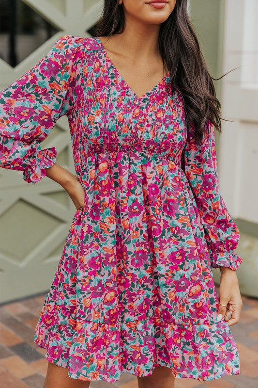 Smocked V Neck Puffy Sleeve Floral Dress Shewin