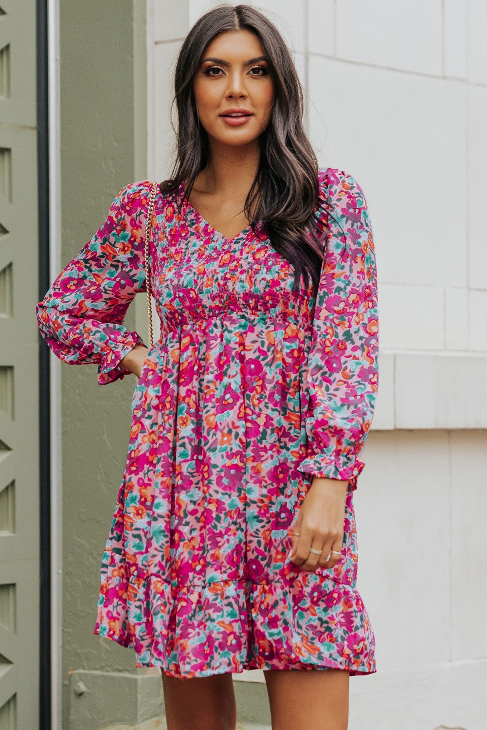 Smocked V Neck Puffy Sleeve Floral Dress Shewin