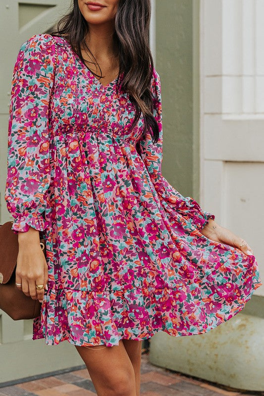 Smocked V Neck Puffy Sleeve Floral Dress Shewin