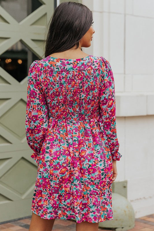 Smocked V Neck Puffy Sleeve Floral Dress Shewin