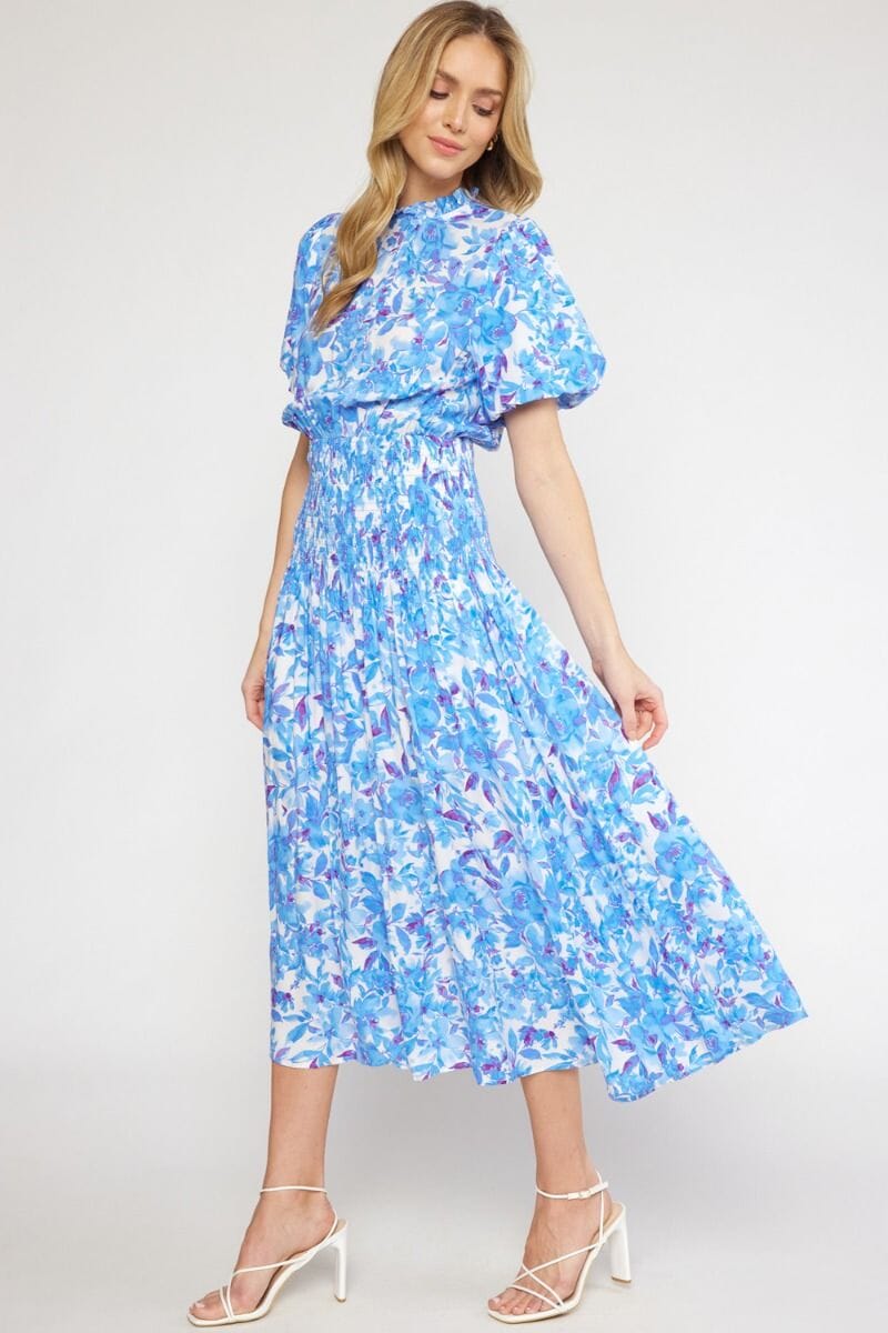 Smocked Waist Ruffle Neck Floral Maxi entro