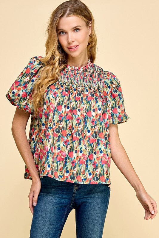 Smocked Yoke Watercolor Puff Sleeve Top TCEC