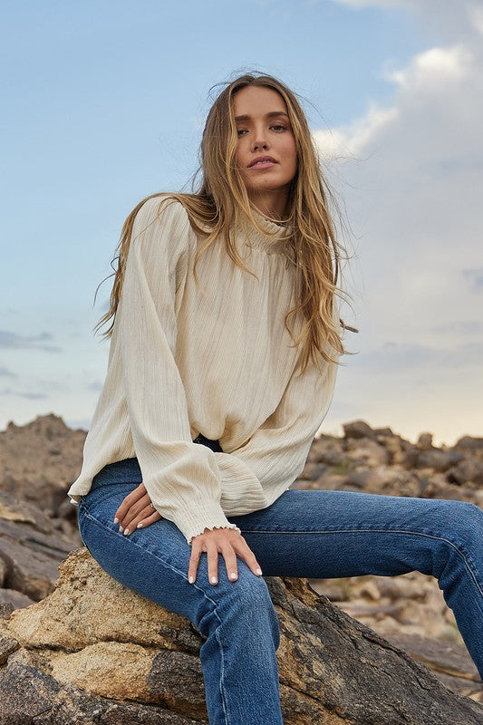 Smoked Mock Neck Velvet Ribbed Top Ces Femme