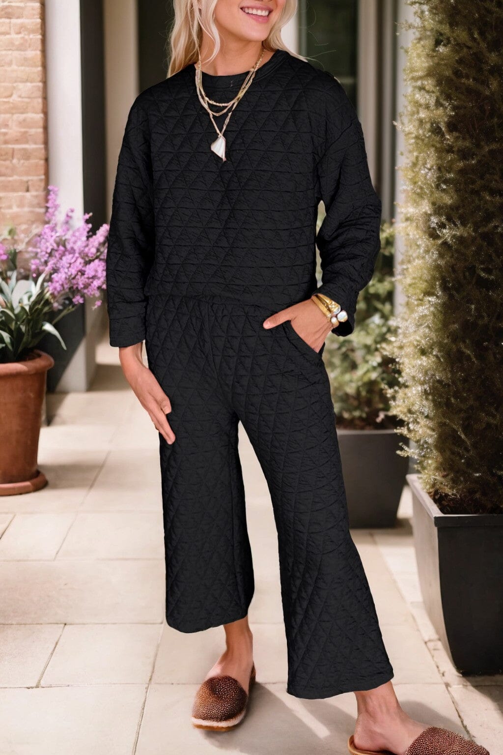 Solid Quilted Pullover and Pants Outfit Shewin