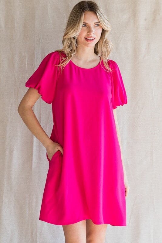 Solid Short Puffed Sleeves Dress with Pockets Jodifl
