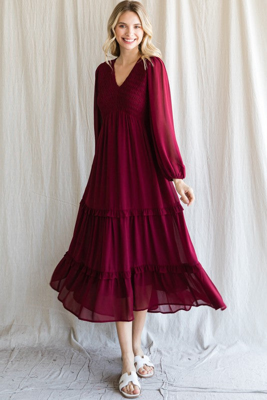 Solid Smocked Bodice Maxi Dress Jodifl