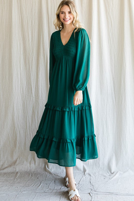 Solid Smocked Bodice Maxi Dress Jodifl