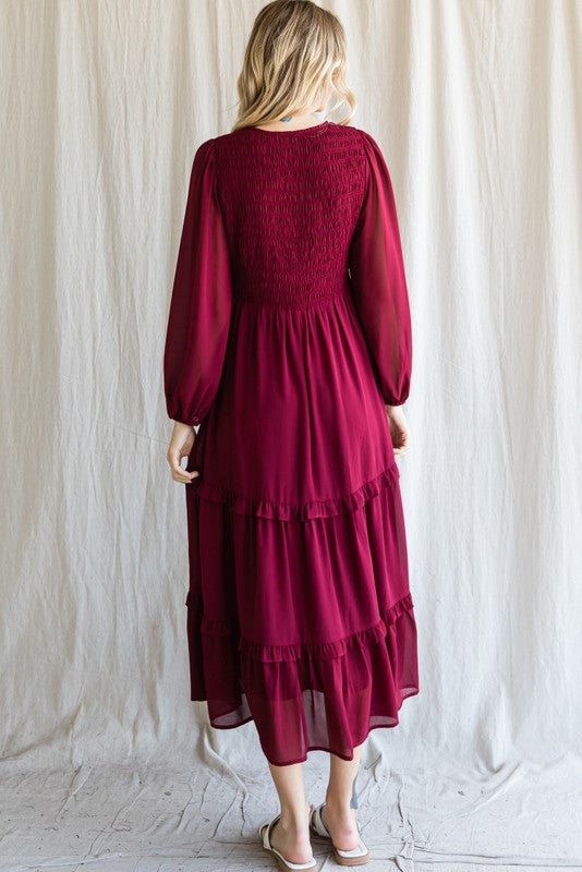 Solid Smocked Bodice Maxi Dress Jodifl