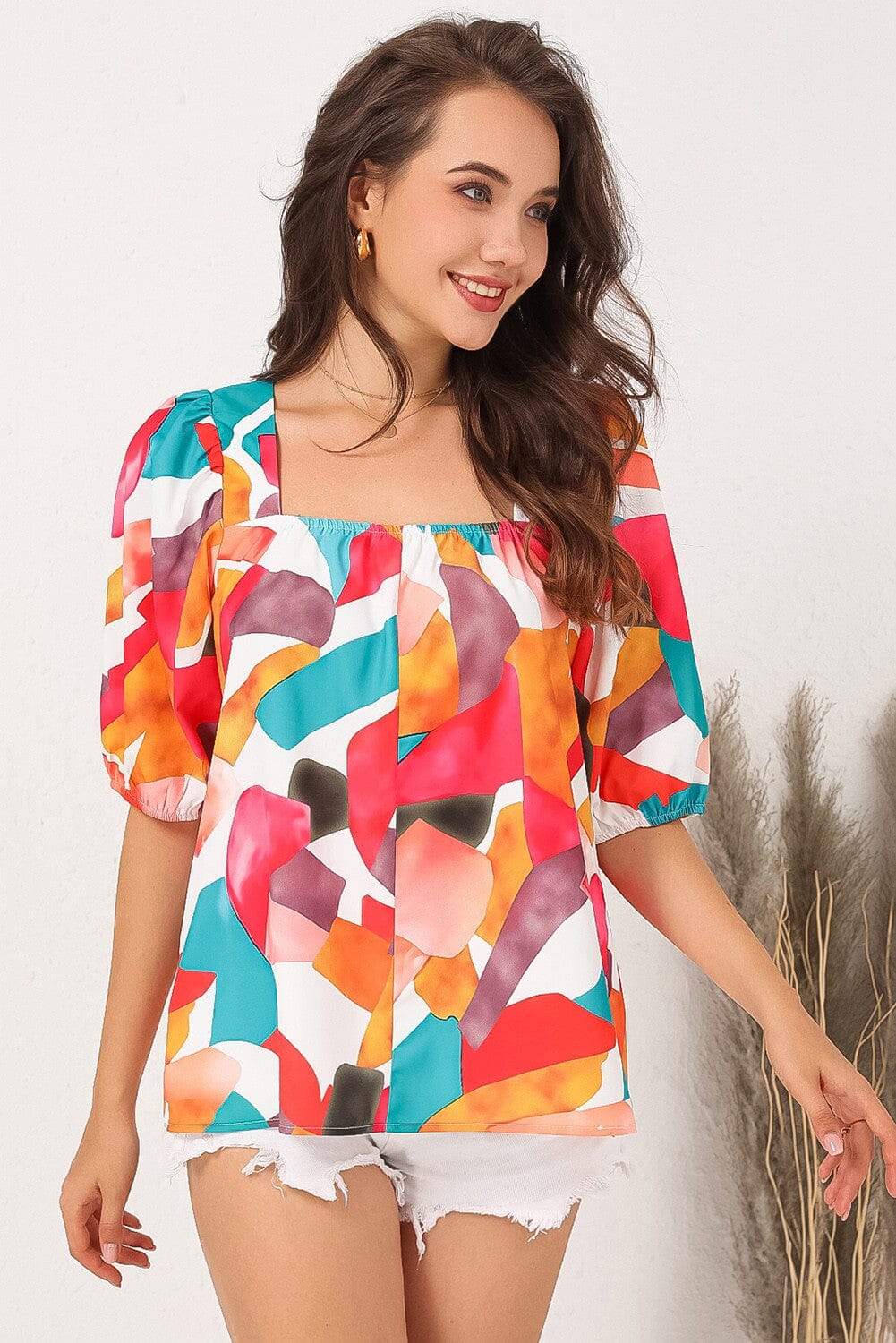 Square Neck Abstract Blouse Kentce