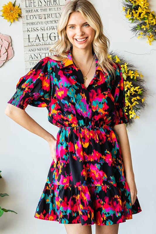 SS Watercolor Smocked Sleeve Dress First Love