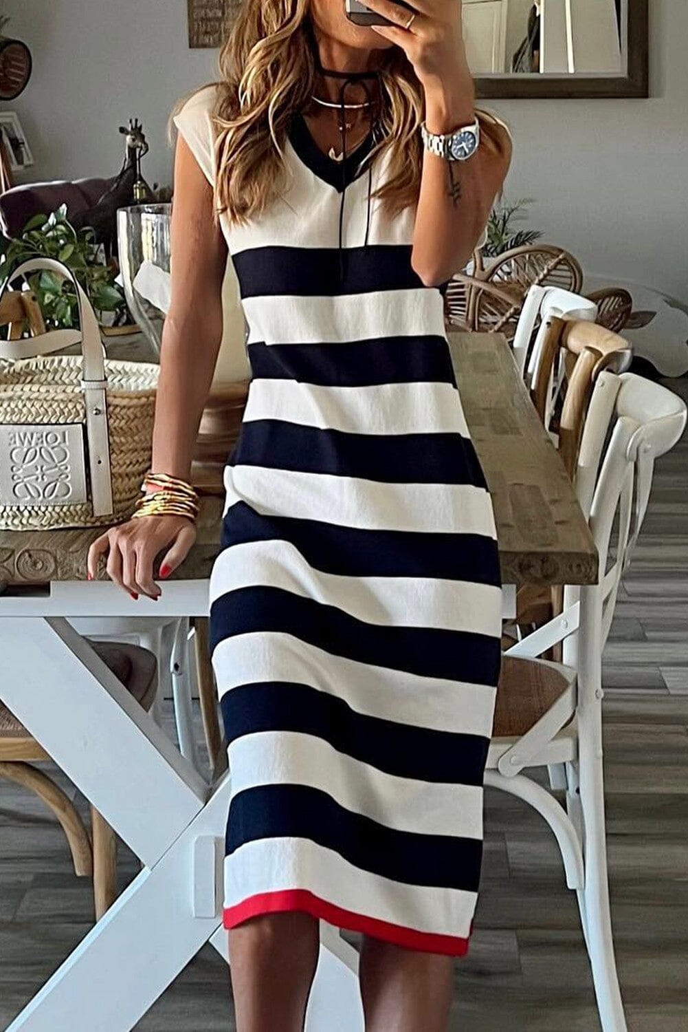 Stripe V Neck Cap Sleeve Midi Dress Youmi