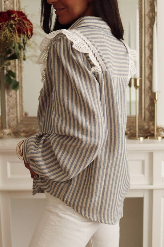 Striped Button Collar Blouse Shewin