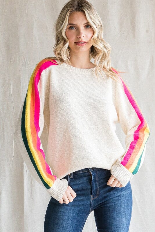 Striped Color Point Sleeves Knit Top Jodifl